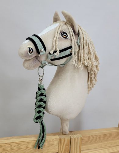 Set for Hobby Horse: the halter A3 with black furry + Tether made of cord - black-sage