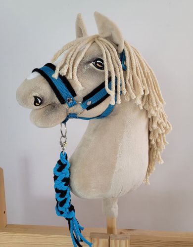 Set for Hobby Horse: the halter A3 with black furry + Tether made of cord - black-turquoise