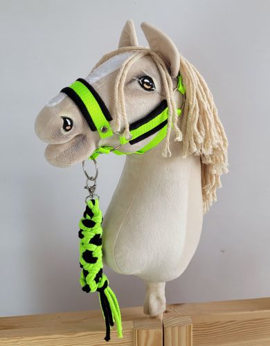 Set for Hobby Horse: the halter A3 with black furry + Tether made of cord - neon-green/ black