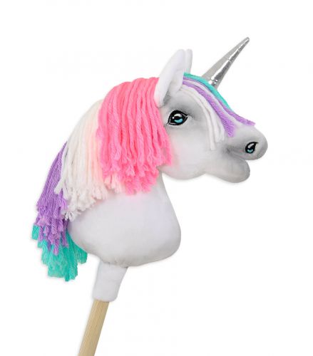 Little unicorn on a stick with coloured mane - white A4 pink