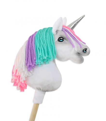 Little unicorn on a stick with coloured mane - white A4 mint