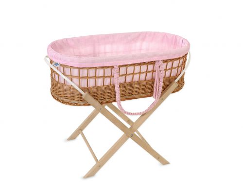 Moses wicker basket in BOHO style with stand with cotton lining - pink checkered