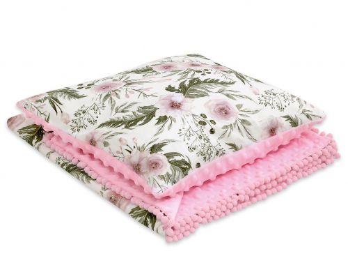 Set: Double-sided blanket minky + pillow- peony flower pink