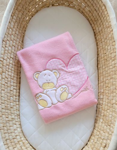 Polar fleece blanket for babies - Milo- Teddy Bear with Heart pink