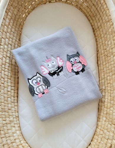 Polar fleece blanket - Owls Bigi Zibi & Adele- grey-pink