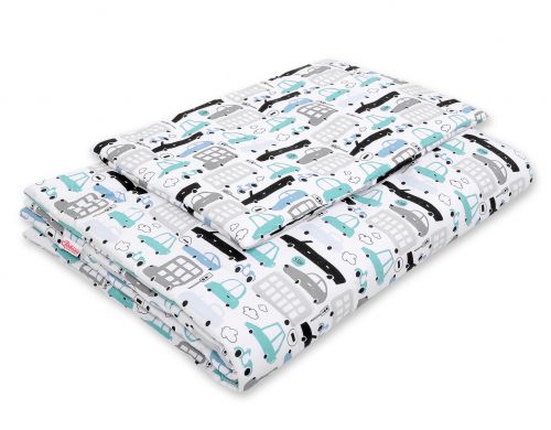 Bedding set 2-pcs with filling - gray and turquoise cars