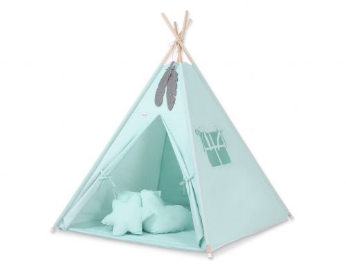 Teepee tent for kids + playmat + pillows + decorative feathers - mint
