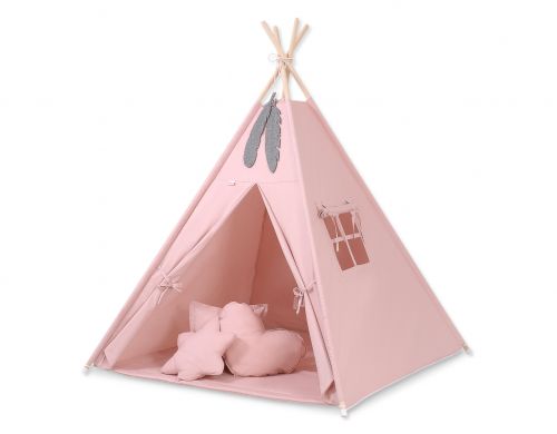 Teepee tent for kids + playmat + pillows + decorative feathers - pastel pink