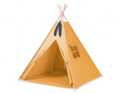 Teepee tent for kids +play mat + decorative feathers - honey yellow