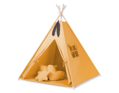 Teepee tent for kids + playmat + pillows + decorative feathers - honey yellow