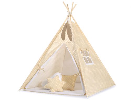 Teepee tent for kids for kids + decorative feathers - White dots on beige