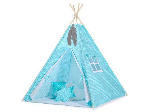 Teepee tent for kids +play mat + decorative feathers - White dots on turquoise