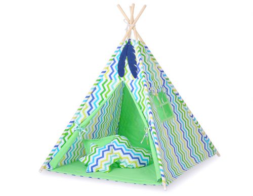 Teepee tent for kids + decorative feathers - Chevron green-blue