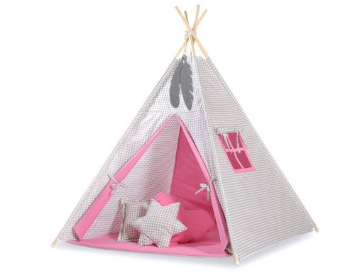 Teepee tent for kids + decorative feathers - Grey checkered- pink