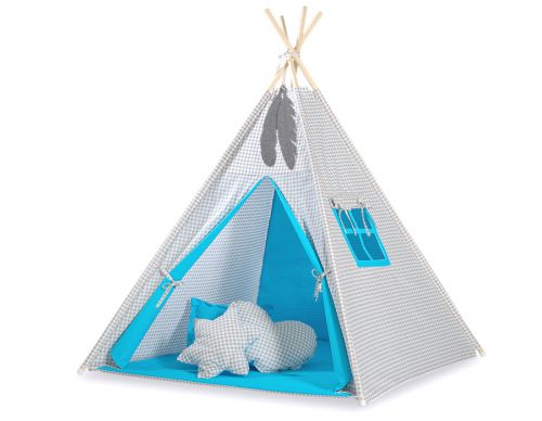 Teepee tent for kids + decorative feathers - Grey checkered- turquoise