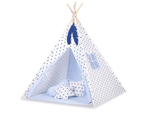 Teepee tent for kids + decorative feathers - Black Stars/blue
