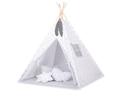 Teepee tent for kids +play mat + decorative feathers - Grey arrows