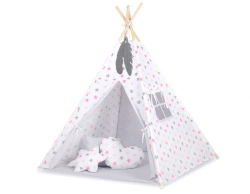 Teepee tent for kids +play mat + decorative feathers - Grey-pink stars/grey