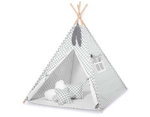 Teepee tent for kids +play mat + decorative feathers - grey with white dots