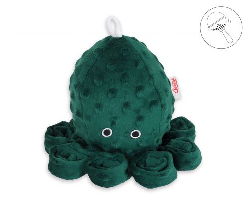 Cuddly octopus with rattle - bottle green - polka dot minky