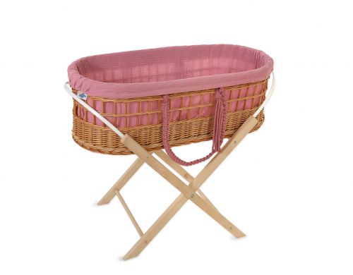 Moses wicker basket in BOHO style with stand with muslin lining - pastel violet