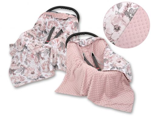 Double-sided car seat blanket for babies - sepia roses/pastel pink