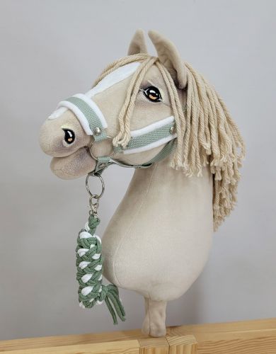 Set for Hobby Horse: the halter A3 with white furry + Tether made of cord - white-sage