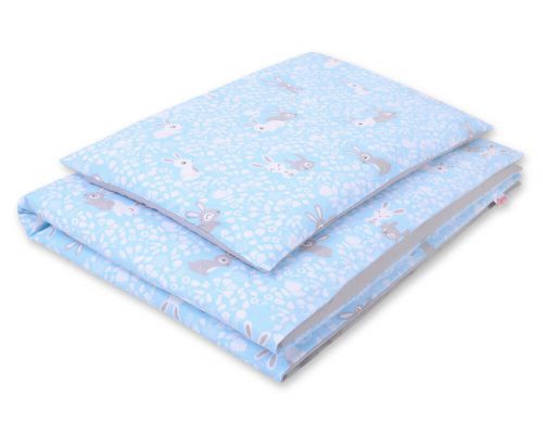 Double-sided baby cotton bedding set 2-pcs - blue rabbits/gray
