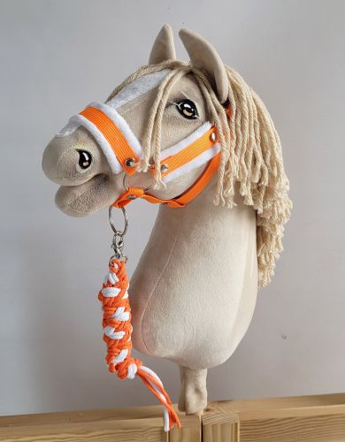 Set for Hobby Horse: the halter A3 with white furry + Tether made of cord - neon-orange/ white