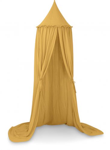 Muslin hanging canopy with frill - honey yellow