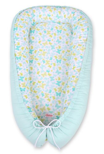 Baby nest double-sided Premium Cocoon for infants BOBONO- blue butterflies/mint