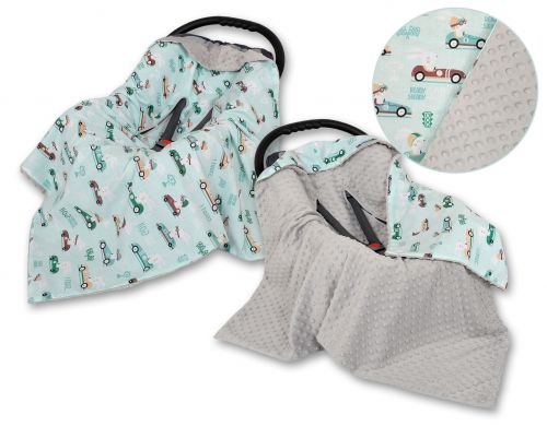 Big double-sided car seat blanket for babies - mint rabbits/grey