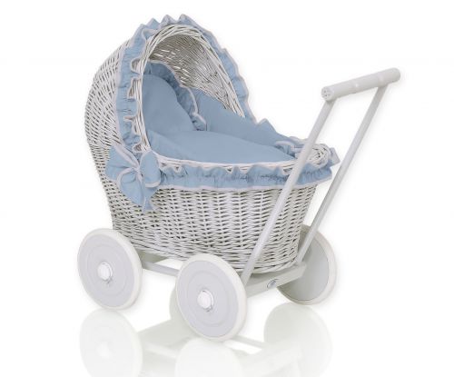 Wicker doll pushchair grey with pastel blue bedding and soft padding