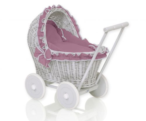Wicker doll pushchair grey with pastel pink bedding and soft padding