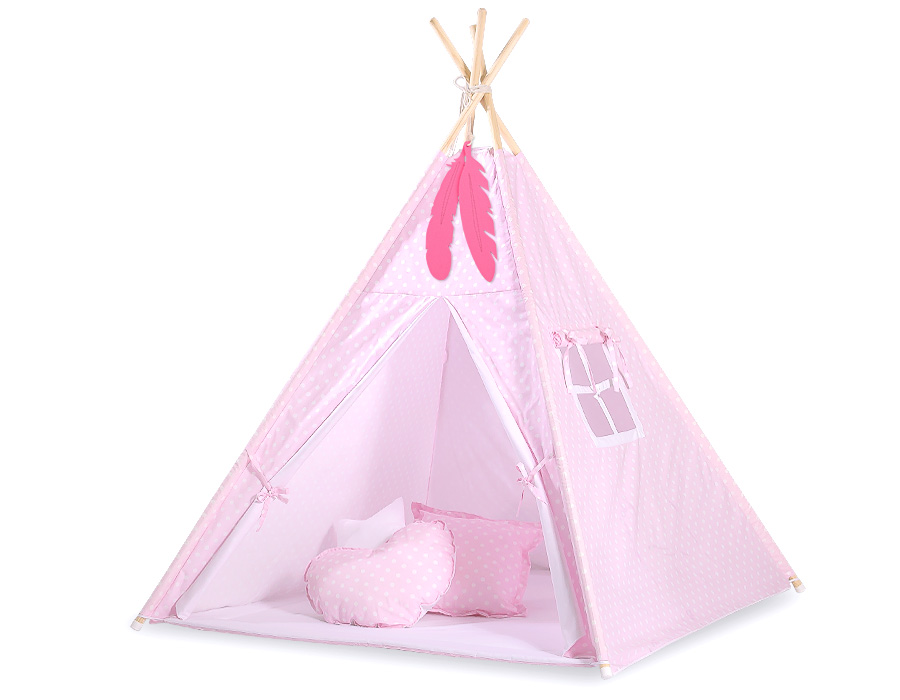 Teepees tent for kids +play mat + decorative feathers - White dots on pink