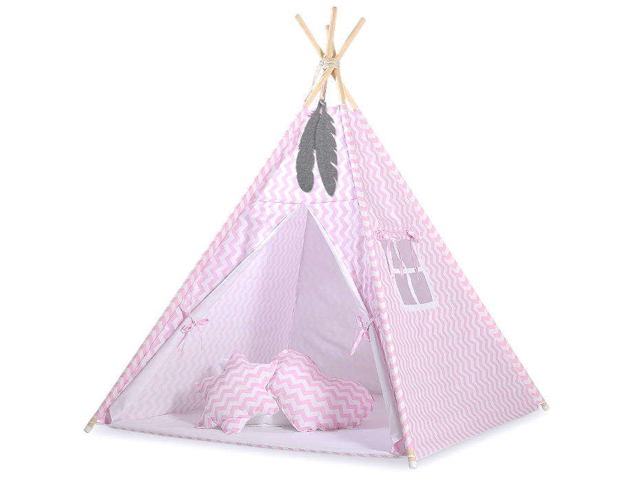 Teepees tent for kids +play mat + decorative feathers - Chevron pink