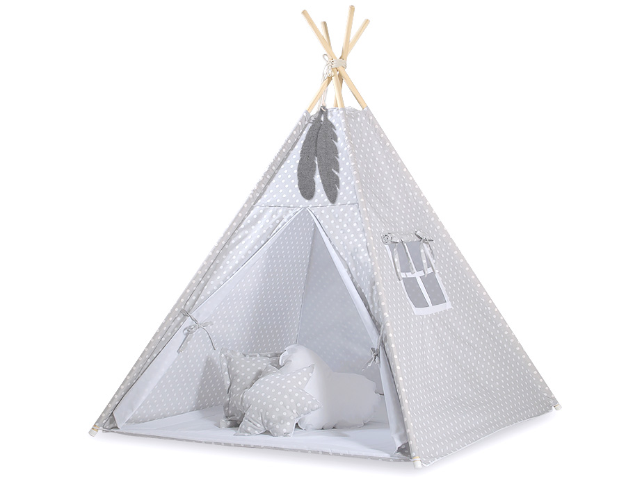 Teepees tent for kids +play mat + decorative feathers - White dots on grey