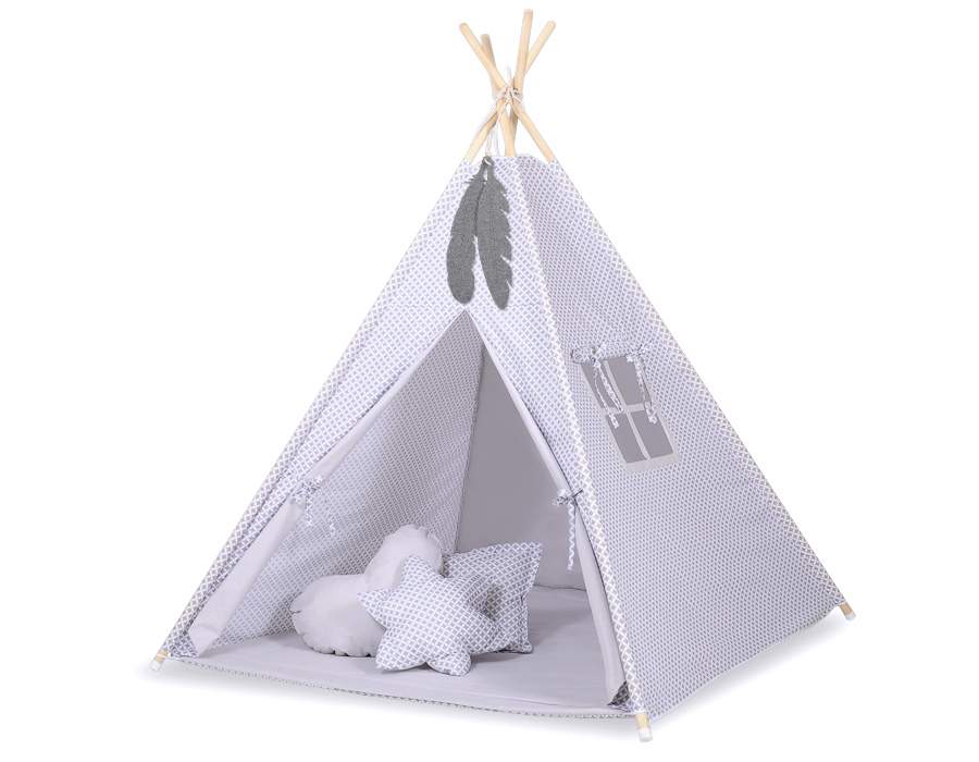 Teepees tent for kids +play mat + decorative feathers - grey flowers