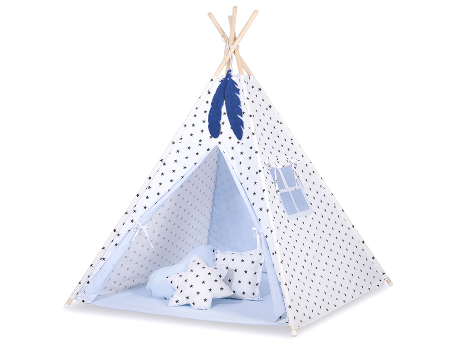 Teepees tent for kids +play mat + decorative feathers - Black Stars/blue