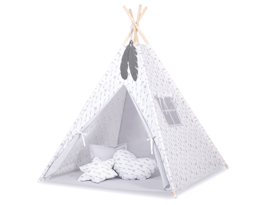 Teepees tent for kids +play mat + decorative feathers - Grey arrows