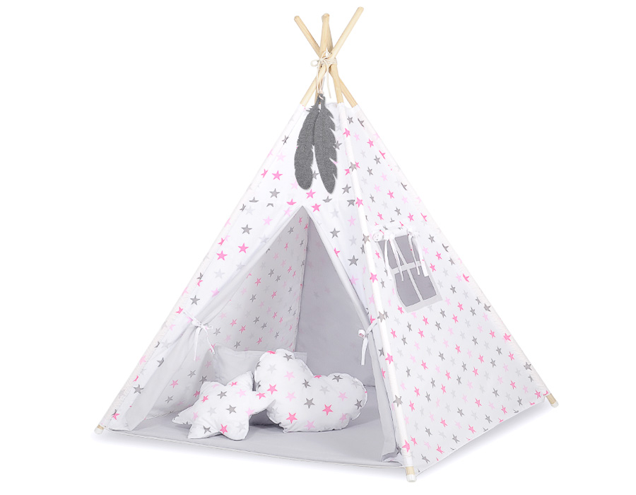 Teepees tent for kids +play mat + decorative feathers - Grey-pink stars/grey